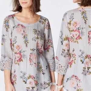 J. Jill Love Linen Top S Grey Floral Lace Pleated 3/4 Sleeve